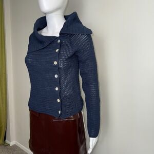 Commense Womens Blue Crocheted Knit Cardigan‎ Button Down Collar Sweater M